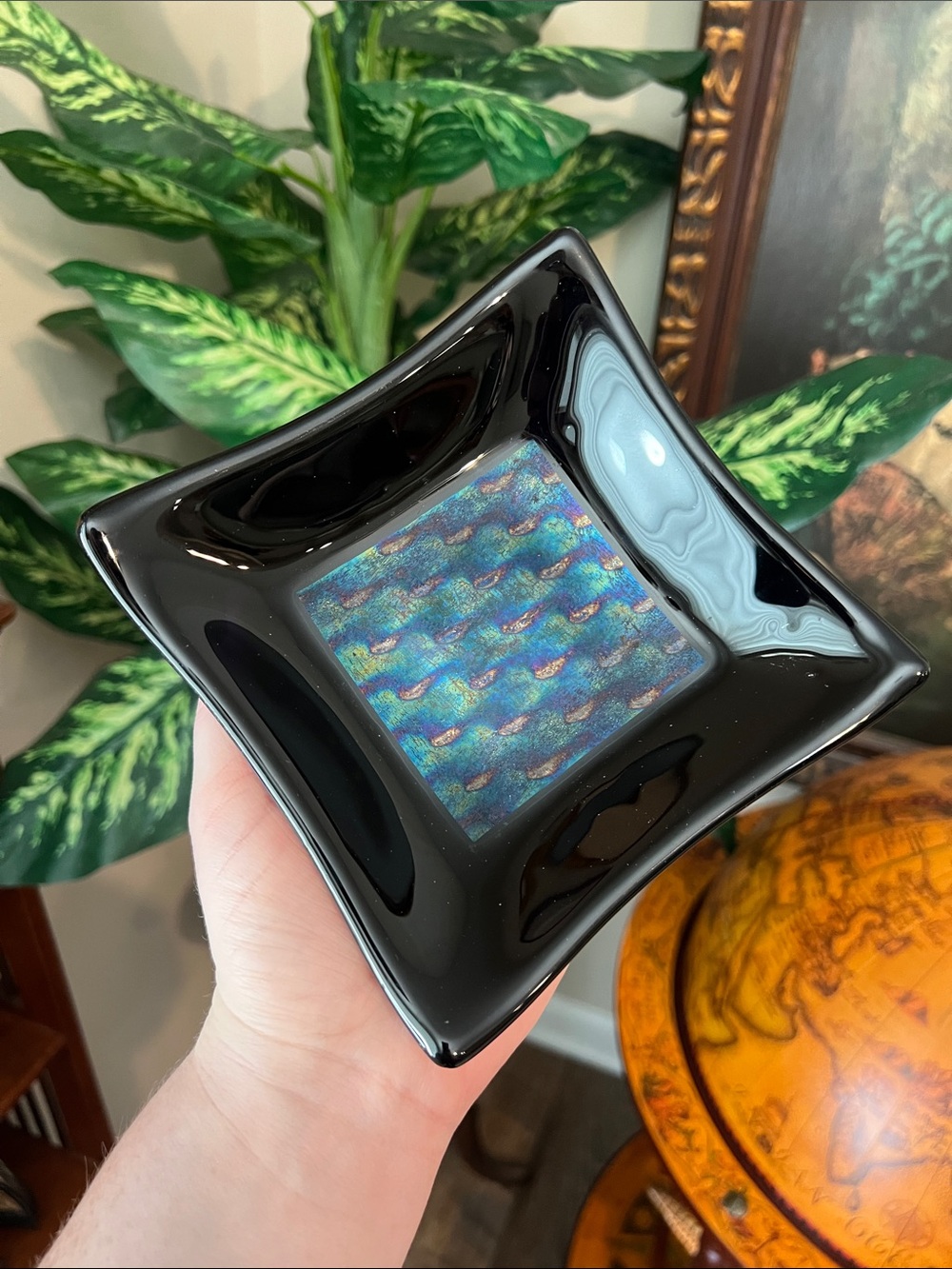 Kurt McVay Signed Studio Art Glass Square Dish Blue Purple Iridescence